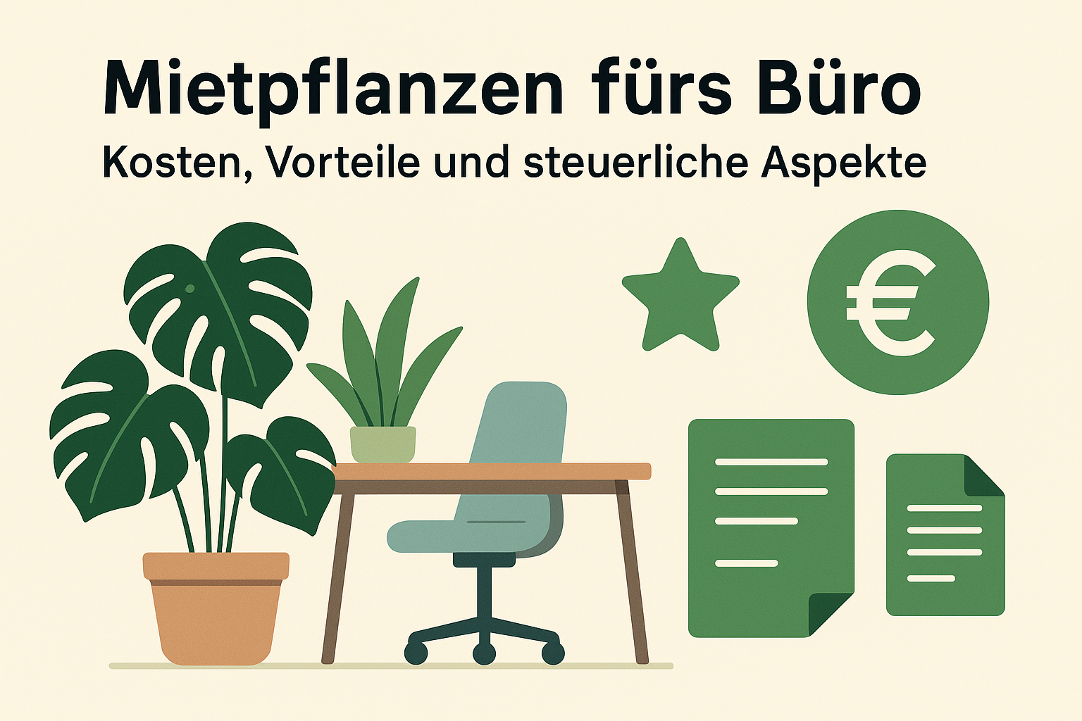 Die Illustration zeigt einen Bürotisch und -stuhl mit einer Zimmerpflanze