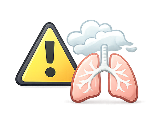Warnsymbol und Lungen-Icon als Darstellung von Luftverschmutzung durch Schadstoffe in Innenräumen