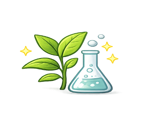 Zimmerpflanze und Laborflasche symbolisieren die natürliche Filterung von Luftschadstoffen durch Pflanzen